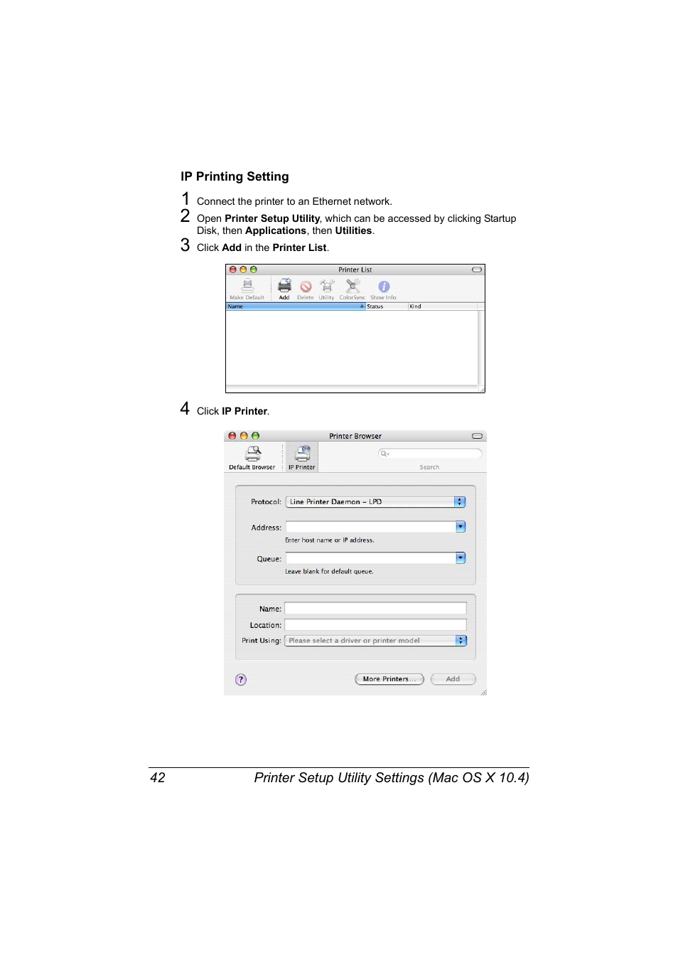Ip printing setting, Ip printing setting 42 | Konica Minolta magicolor 7450 II User Manual | Page 62 / 350