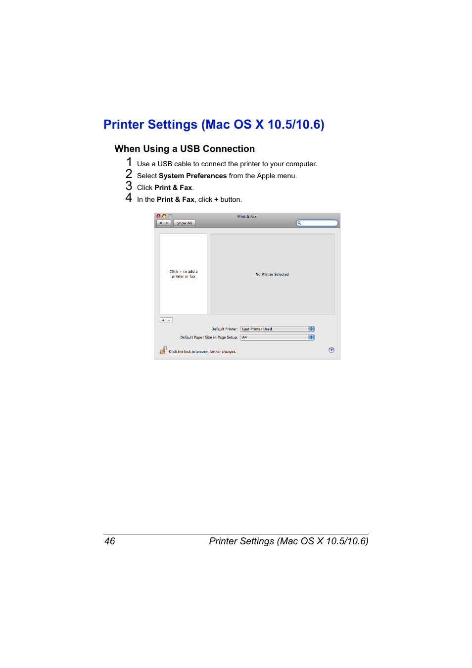 Printer settings (mac os x 10.5/10.6), When using a usb connection, Printer settings (mac os x 10.5/10.6) 46 | When using a usb connection 46 | Konica Minolta magicolor 7450 II User Manual | Page 66 / 350