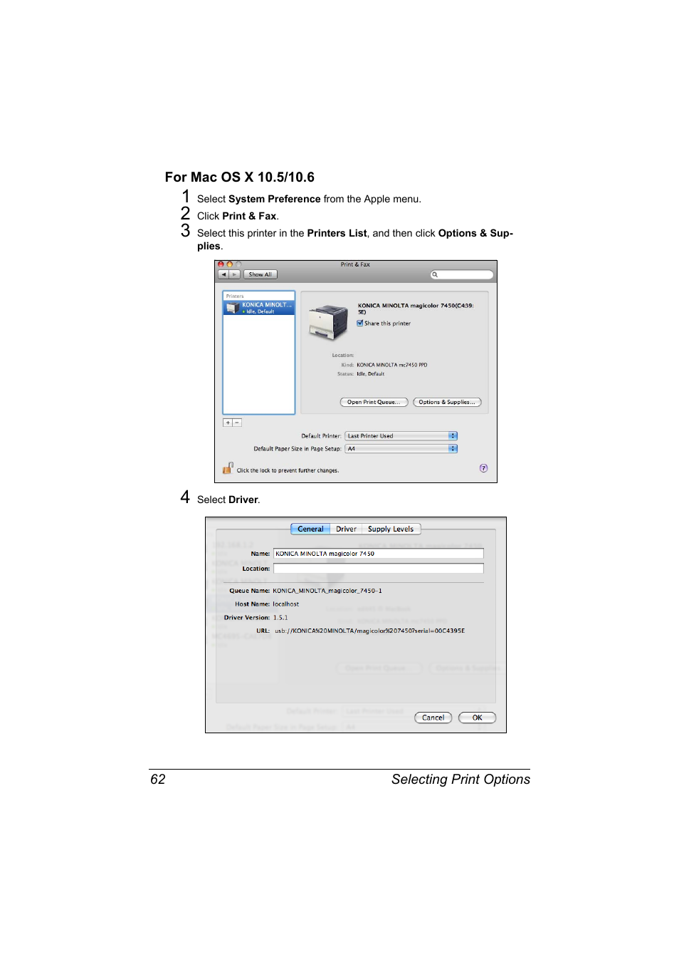 For mac os x 10.5/10.6, For mac os x 10.5/10.6 62 | Konica Minolta magicolor 7450 II User Manual | Page 82 / 350