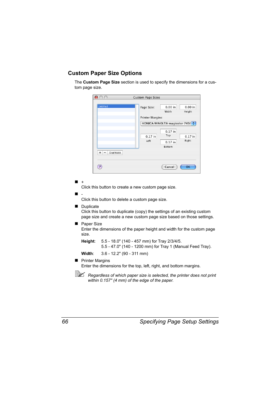 Custom paper size options, Custom paper size options 66 | Konica Minolta magicolor 7450 II User Manual | Page 86 / 350