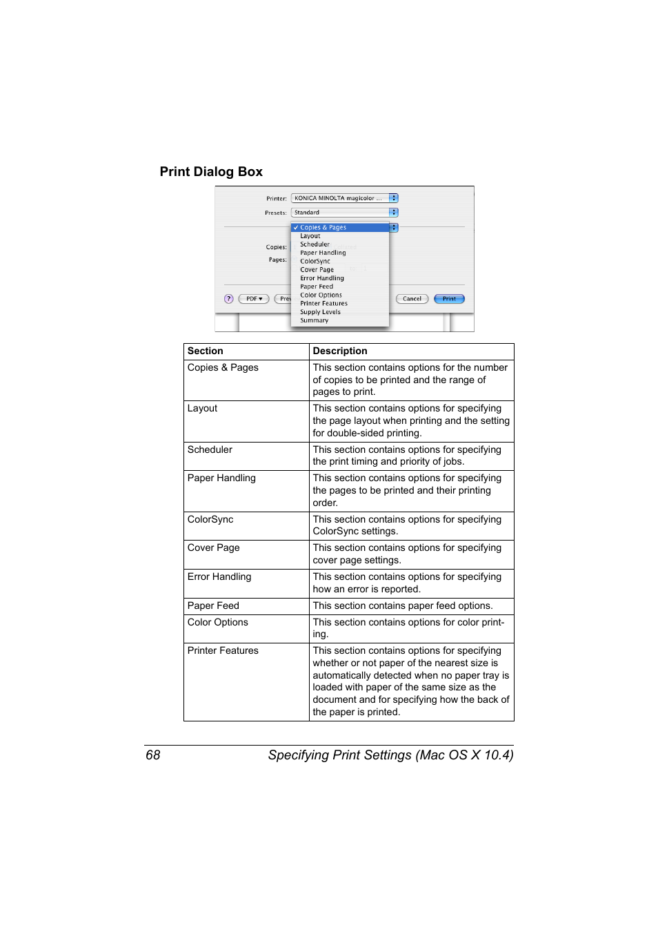 Print dialog box, Print dialog box 68 | Konica Minolta magicolor 7450 II User Manual | Page 88 / 350