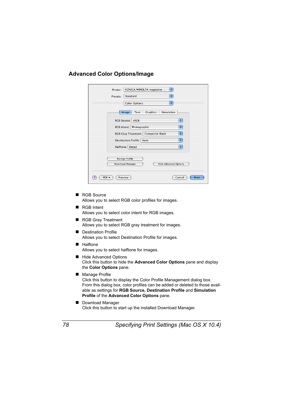 Advanced color options/image, Advanced color options/image 78 | Konica Minolta magicolor 7450 II User Manual | Page 98 / 350