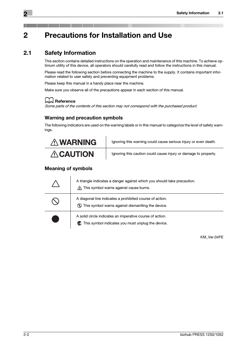 2 precautions for installation and use, 1 safety information, Precautions for installation and use | Safety information -2, 2precautions for installation and use | Konica Minolta bizhub PRESS 1250 User Manual | Page 12 / 52