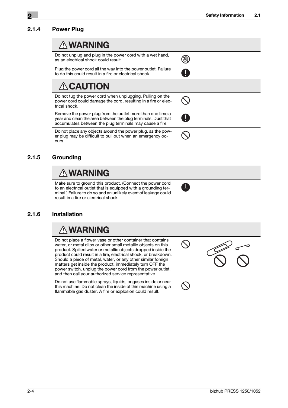 4 power plug, 5 grounding, 6 installation | Power plug -4, Grounding -4, Installation -4 | Konica Minolta bizhub PRESS 1250 User Manual | Page 14 / 52