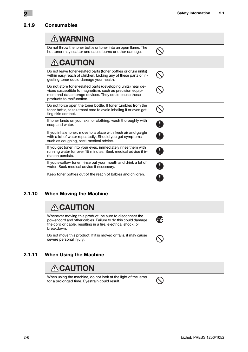 9 consumables, 10 when moving the machine, 11 when using the machine | Consumables -6, When moving the machine -6, When using the machine -6 | Konica Minolta bizhub PRESS 1250 User Manual | Page 16 / 52