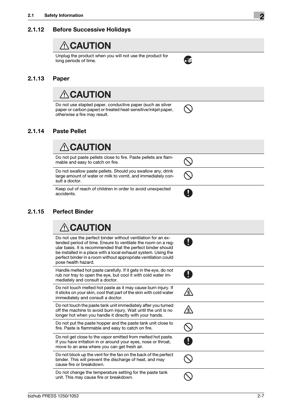 12 before successive holidays, 13 paper, 14 paste pellet | 15 perfect binder, Before successive holidays -7, Paper -7, Paste pellet -7, Perfect binder -7 | Konica Minolta bizhub PRESS 1250 User Manual | Page 17 / 52