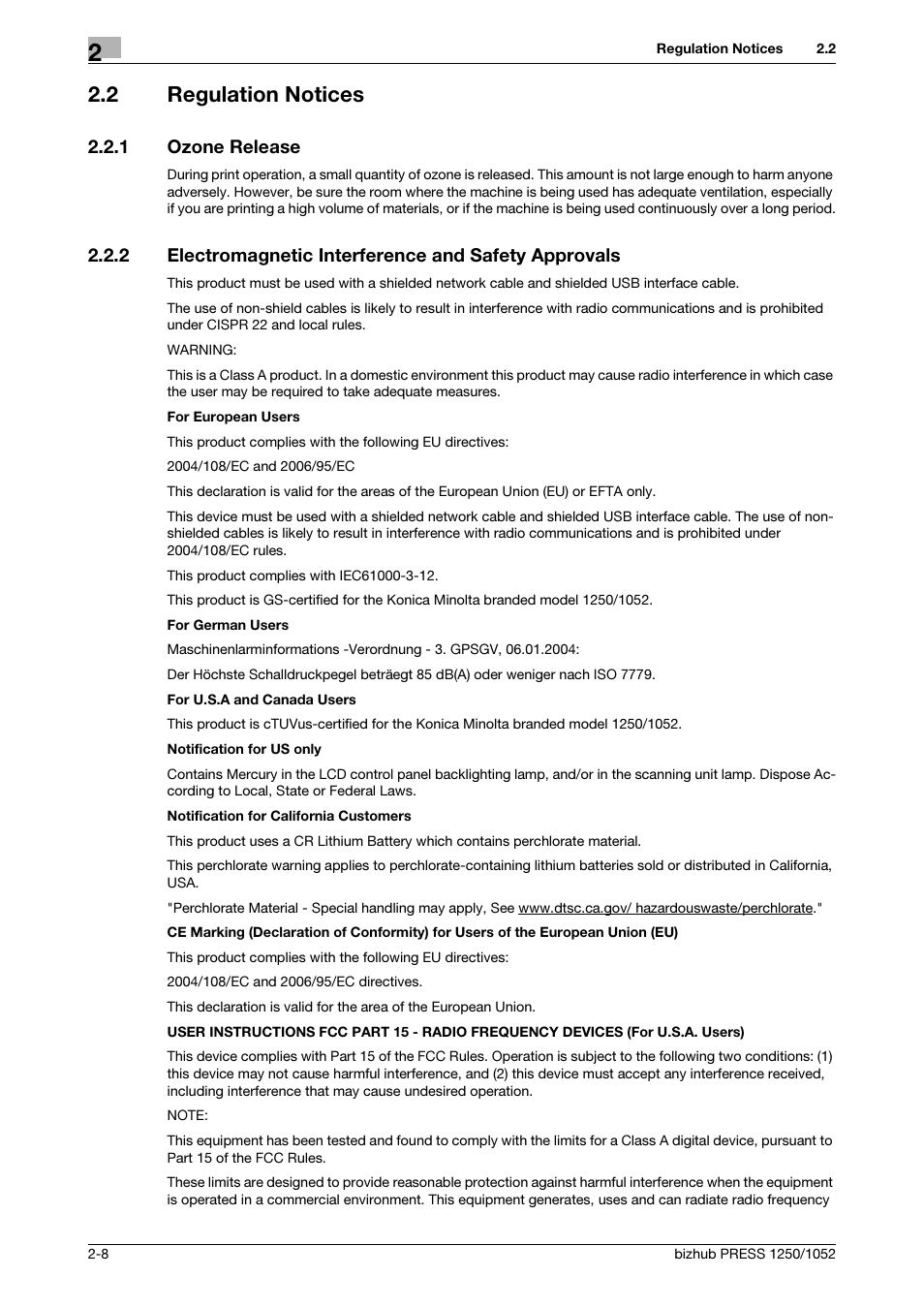 2 regulation notices, 1 ozone release, Regulation notices -8 | Ozone release -8 | Konica Minolta bizhub PRESS 1250 User Manual | Page 18 / 52