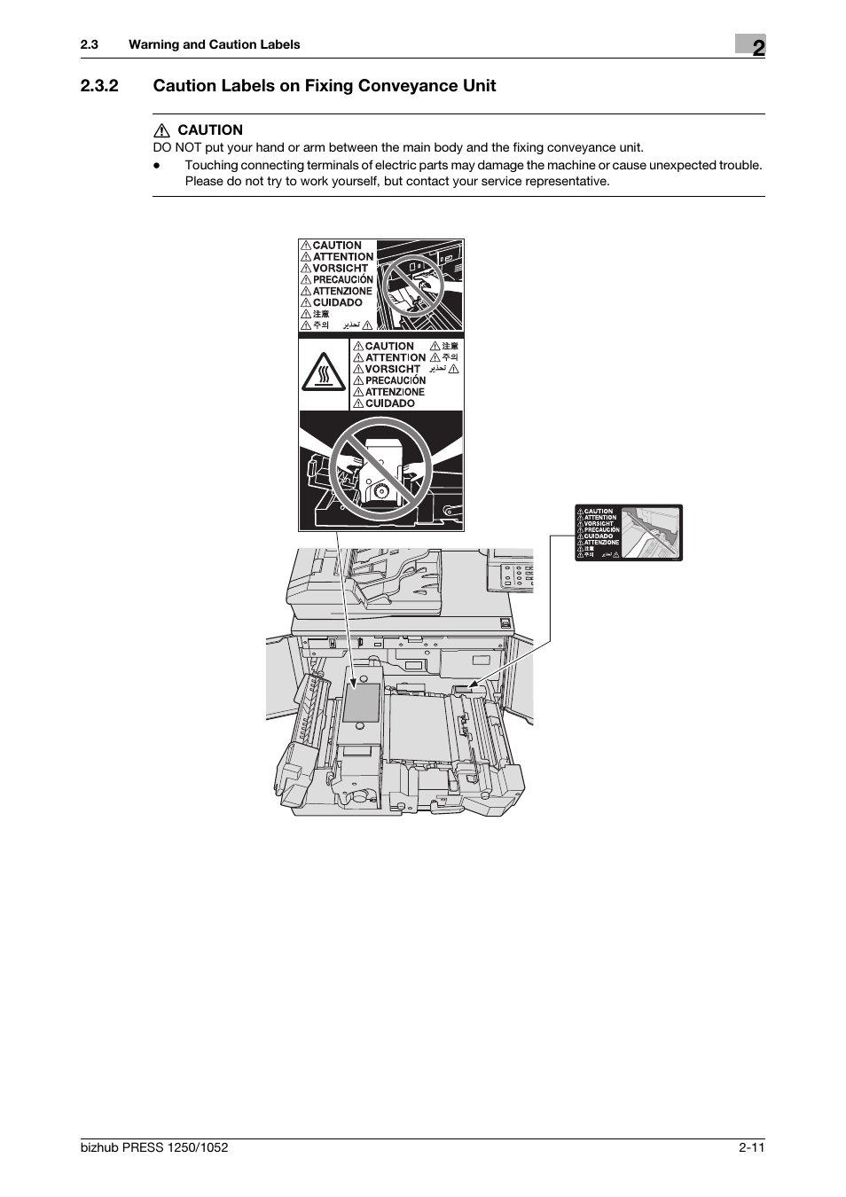 2 caution labels on fixing conveyance unit, Caution labels on fixing conveyance unit -11 | Konica Minolta bizhub PRESS 1250 User Manual | Page 21 / 52