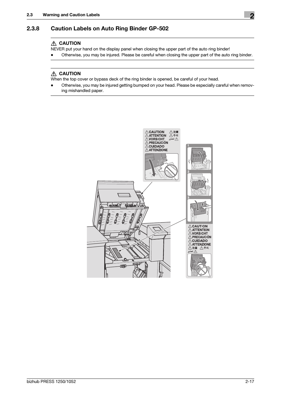 8 caution labels on auto ring binder gp-502, Caution labels on auto ring binder gp-502 -17 | Konica Minolta bizhub PRESS 1250 User Manual | Page 27 / 52