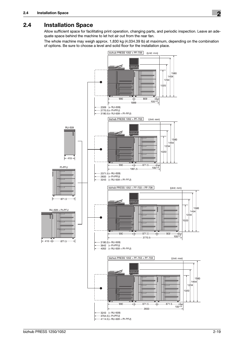 4 installation space, Installation space -19 | Konica Minolta bizhub PRESS 1250 User Manual | Page 29 / 52