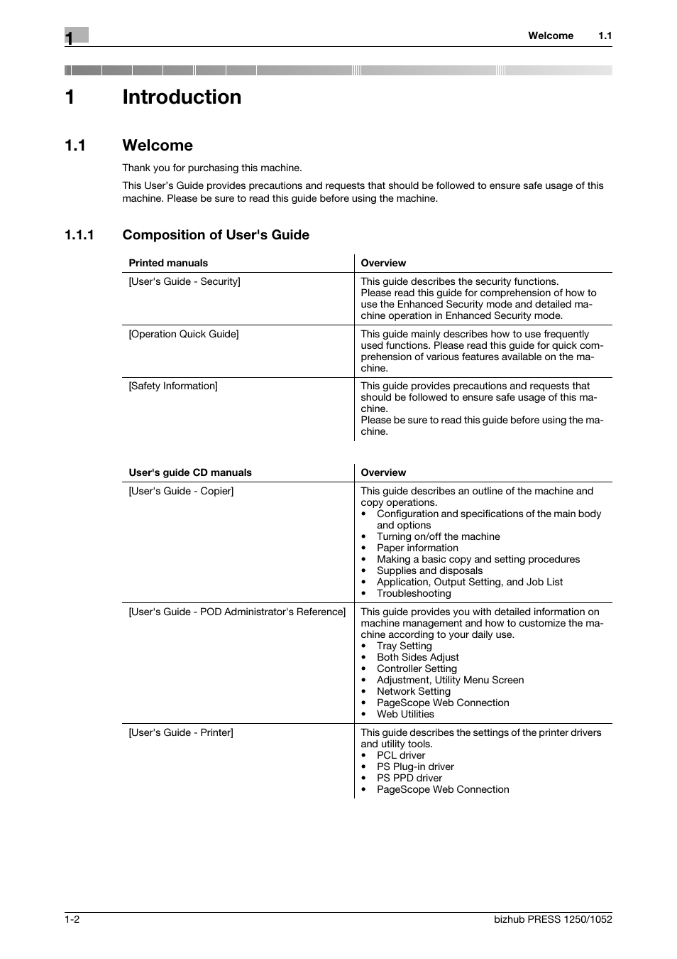 1 introduction, 1 welcome, 1 composition of user's guide | Introduction, Welcome -2, Composition of user's guide -2, 1introduction | Konica Minolta bizhub PRESS 1250 User Manual | Page 6 / 52