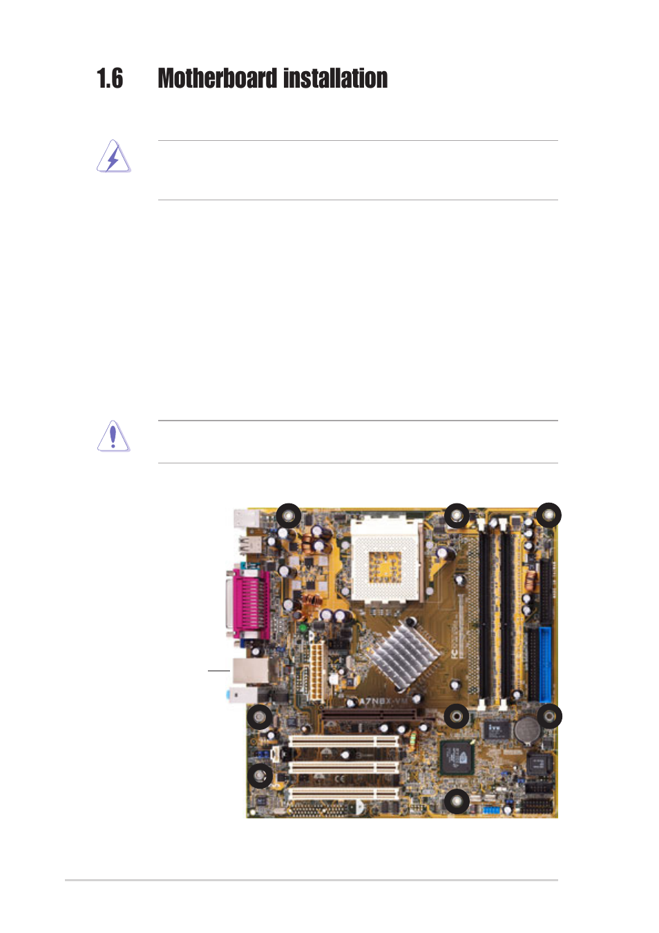 6 motherboard installation, 1 placement direction, 2 screw holes | Asus Motherboard A7N8X-VM/400 User Manual | Page 18 / 64