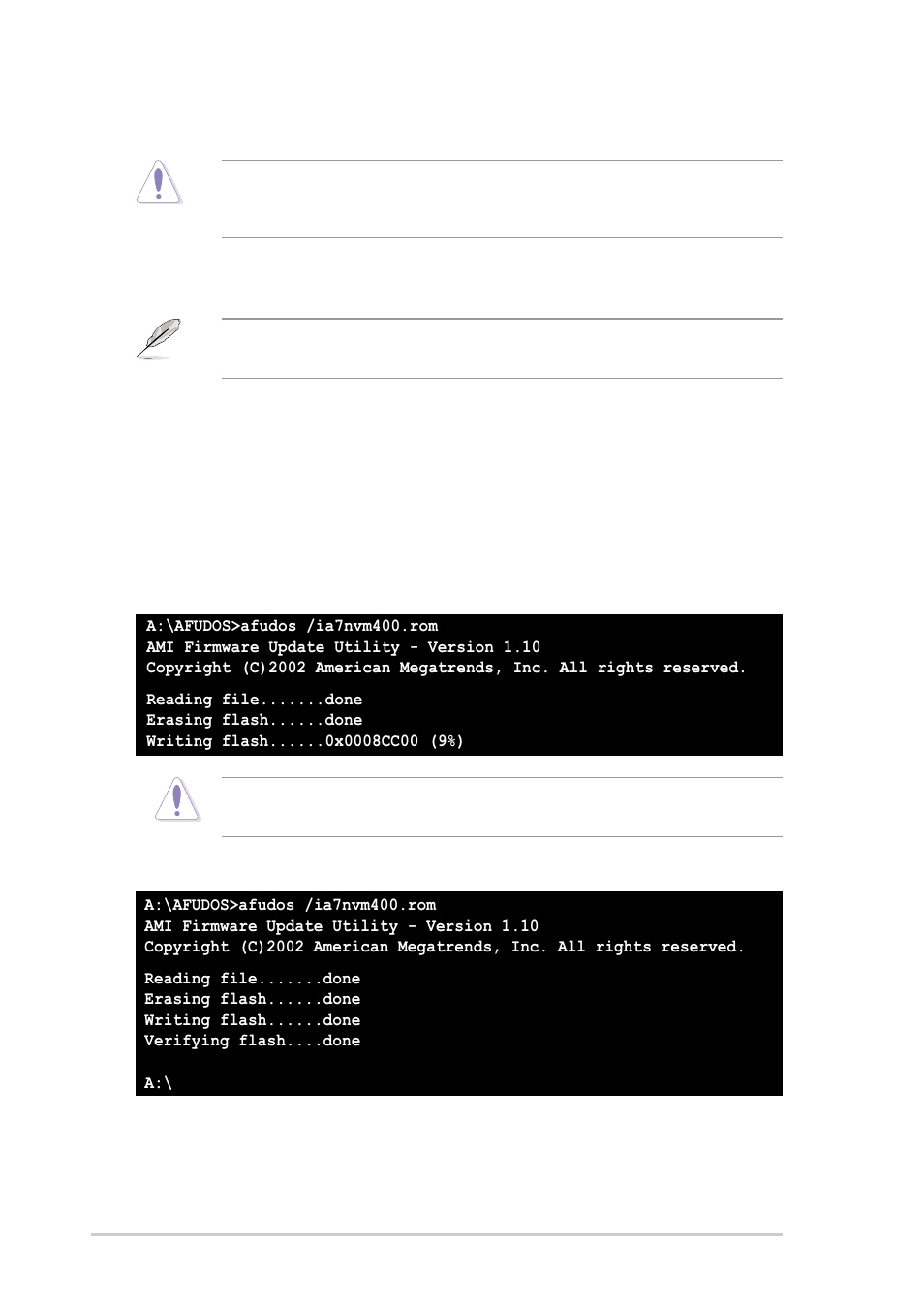 3 using afudos to update the bios | Asus Motherboard A7N8X-VM/400 User Manual | Page 36 / 64