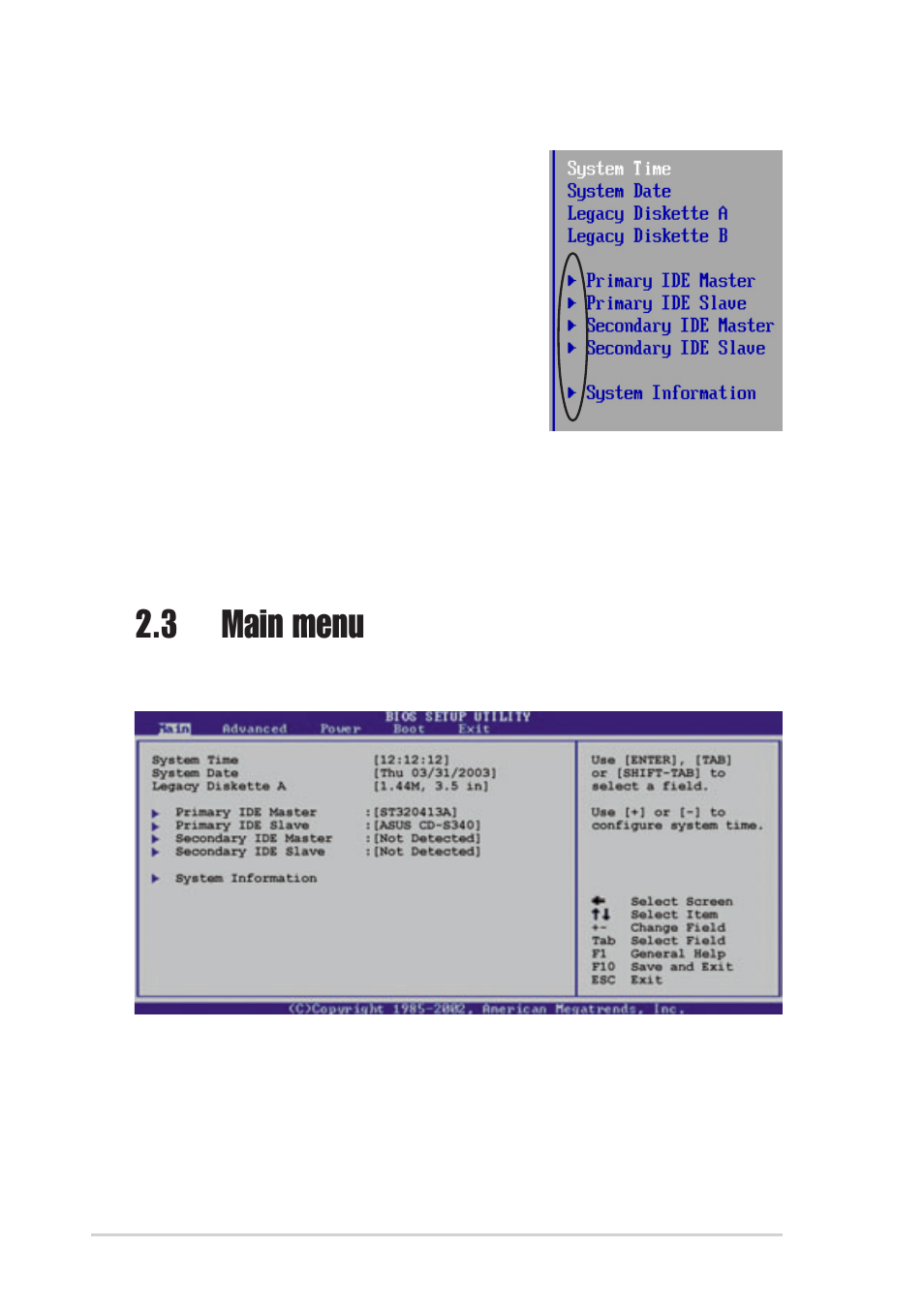 3 main menu | Asus Motherboard A7N8X-VM/400 User Manual | Page 42 / 64