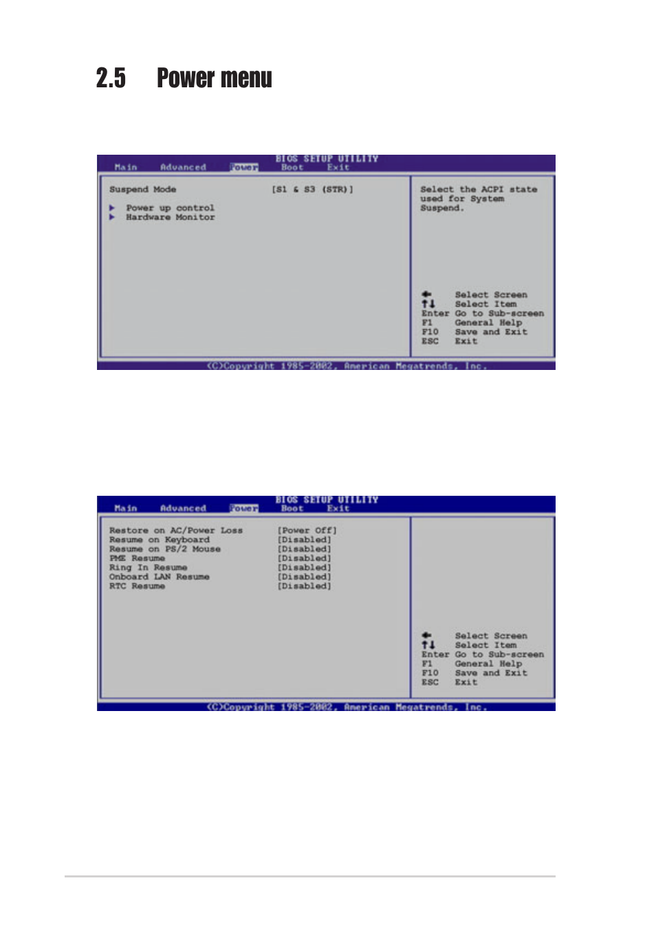 5 power menu, 1 power up control | Asus Motherboard A7N8X-VM/400 User Manual | Page 50 / 64
