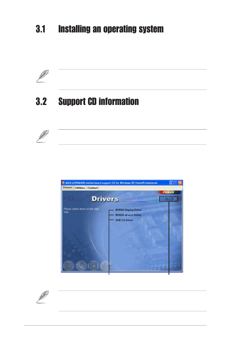 1 installing an operating system, 2 support cd information, 1 running the support cd | Asus Motherboard A7N8X-VM/400 User Manual | Page 60 / 64