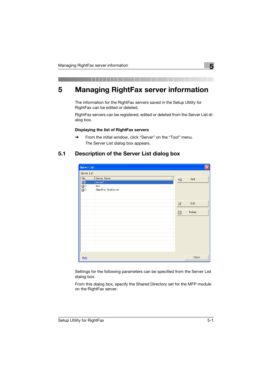 5 managing rightfax server information, Displaying the list of rightfax servers, 1 description of the server list dialog box | Managing rightfax server information, Displaying the list of rightfax servers -1, Description of the server list dialog box -1, 5managing rightfax server information | Konica Minolta bizhub 751 User Manual | Page 45 / 65