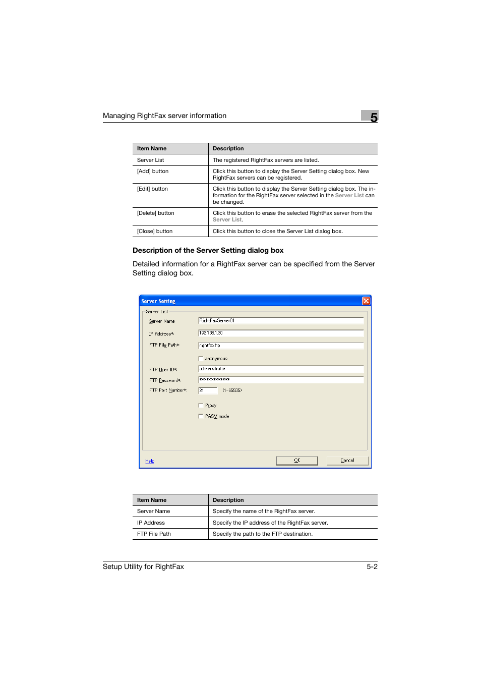 Description of the server setting dialog box, Description of the server setting dialog box -2, Managing rightfax server information | Konica Minolta bizhub 751 User Manual | Page 46 / 65