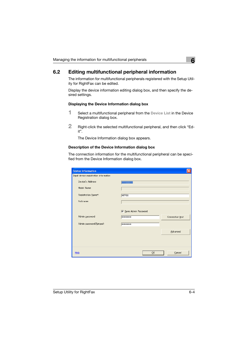 2 editing multifunctional peripheral information, Displaying the device information dialog box, Description of the device information dialog box | Editing multifunctional peripheral information -4 | Konica Minolta bizhub 751 User Manual | Page 51 / 65