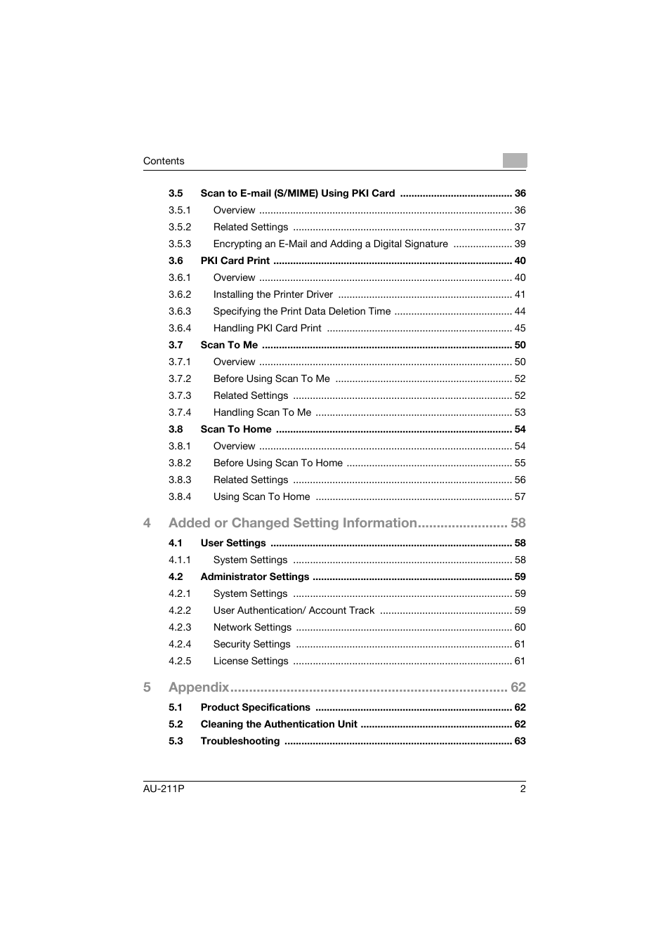 4added or changed setting information, 5appendix | Konica Minolta AU-211P User Manual | Page 3 / 65