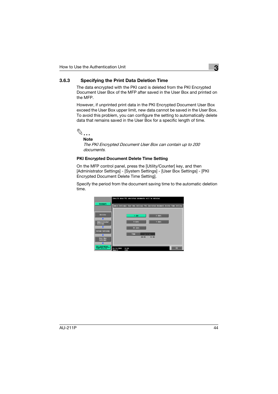 3 specifying the print data deletion time, Specifying the print data deletion time | Konica Minolta AU-211P User Manual | Page 45 / 65