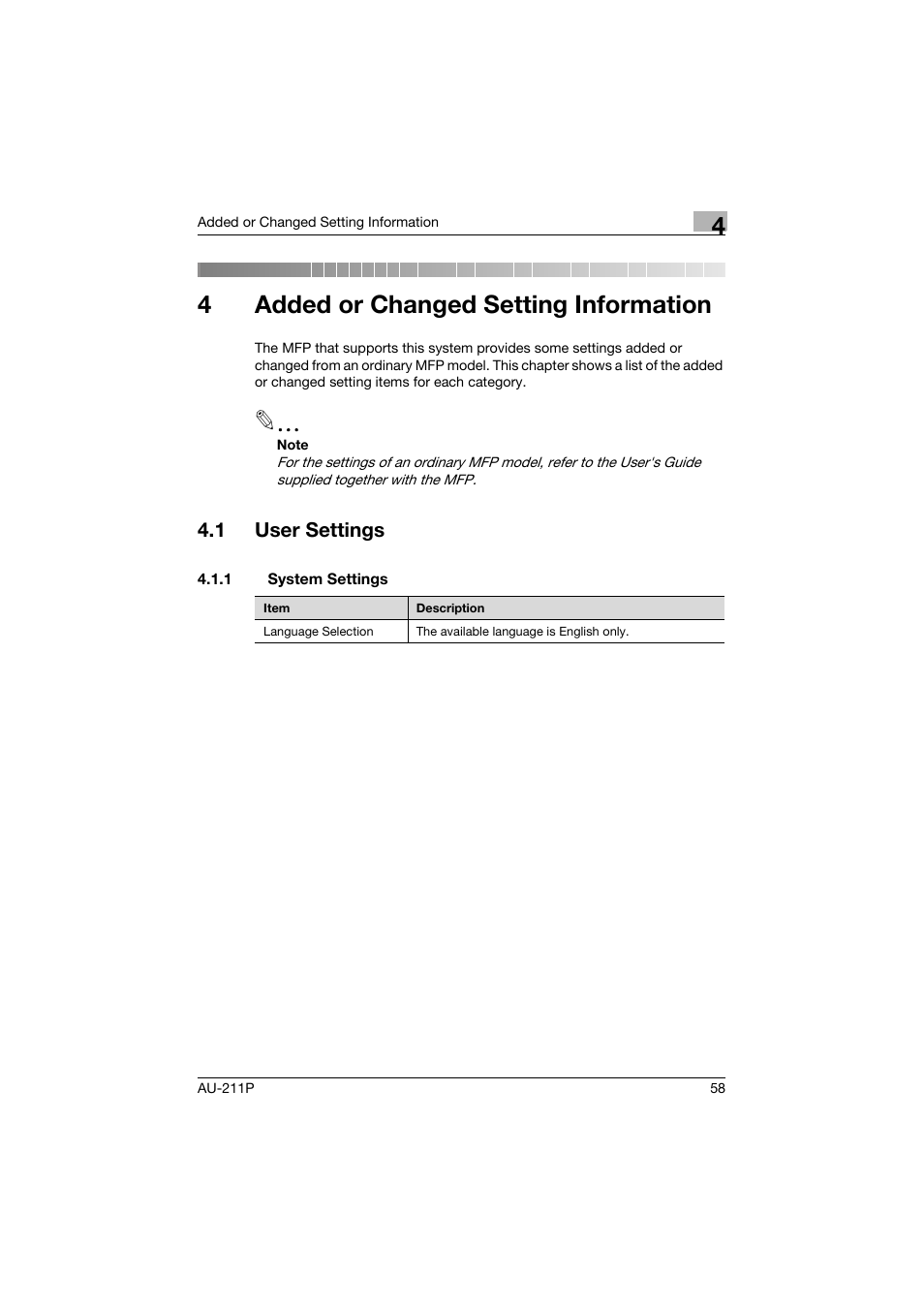 4 added or changed setting information, 1 user settings, 1 system settings | Added or changed setting information, User settings, System settings, 4added or changed setting information | Konica Minolta AU-211P User Manual | Page 59 / 65