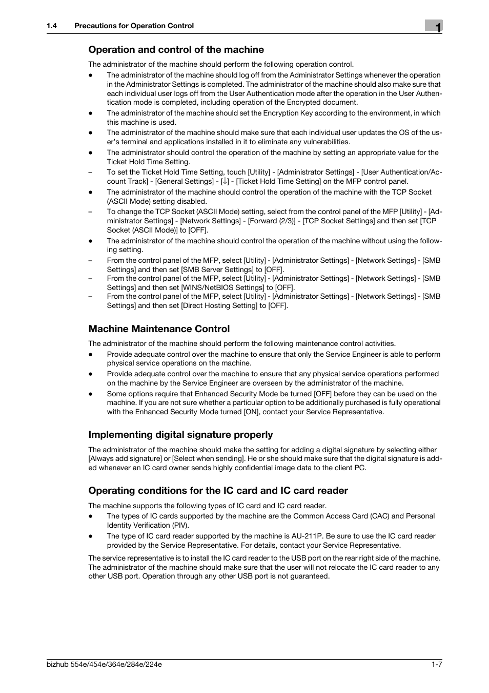 Operation and control of the machine, Machine maintenance control, Implementing digital signature properly | Konica Minolta bizhub 364e User Manual | Page 10 / 58