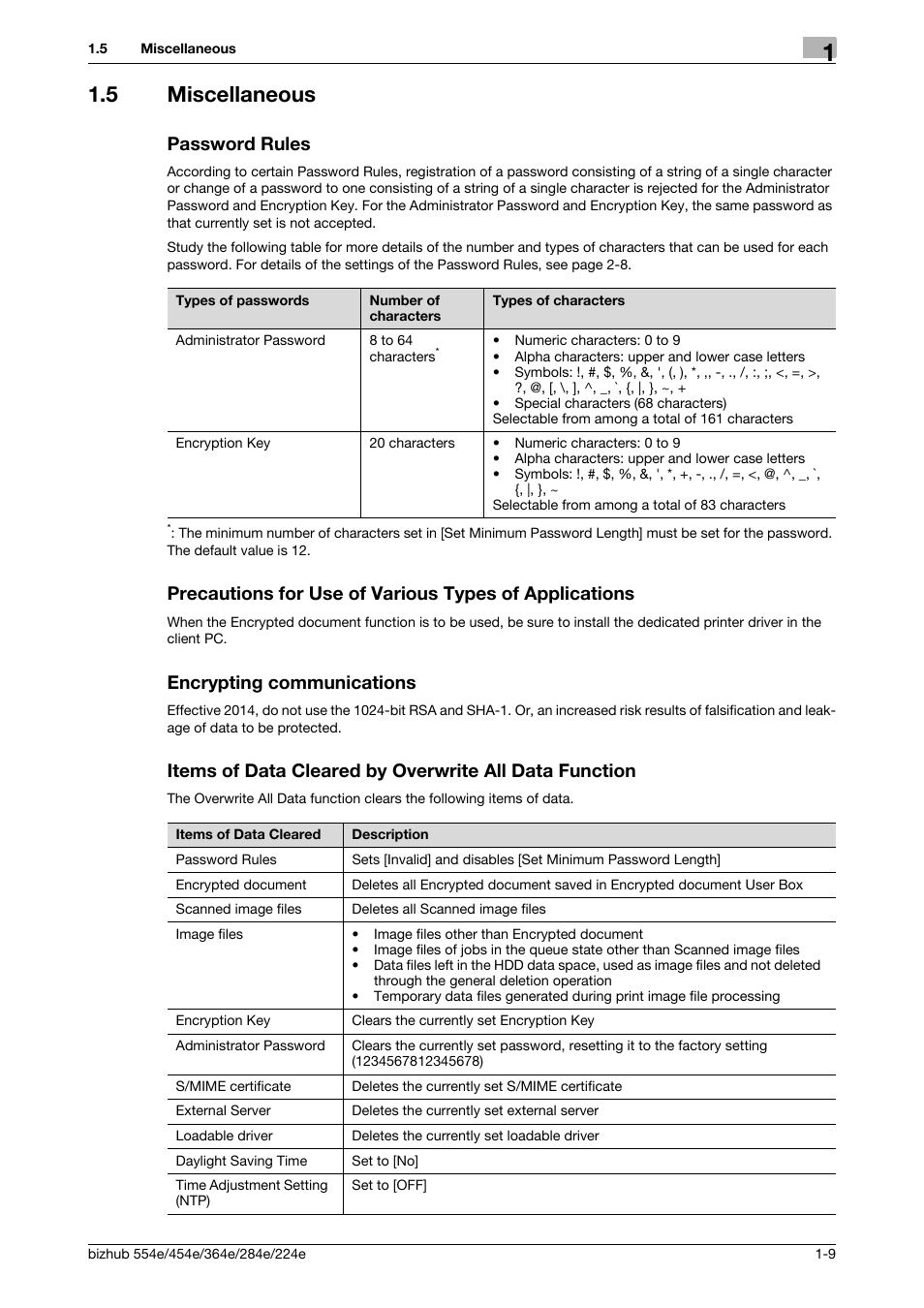 5 miscellaneous, Password rules, Encrypting communications | Konica Minolta bizhub 364e User Manual | Page 12 / 58