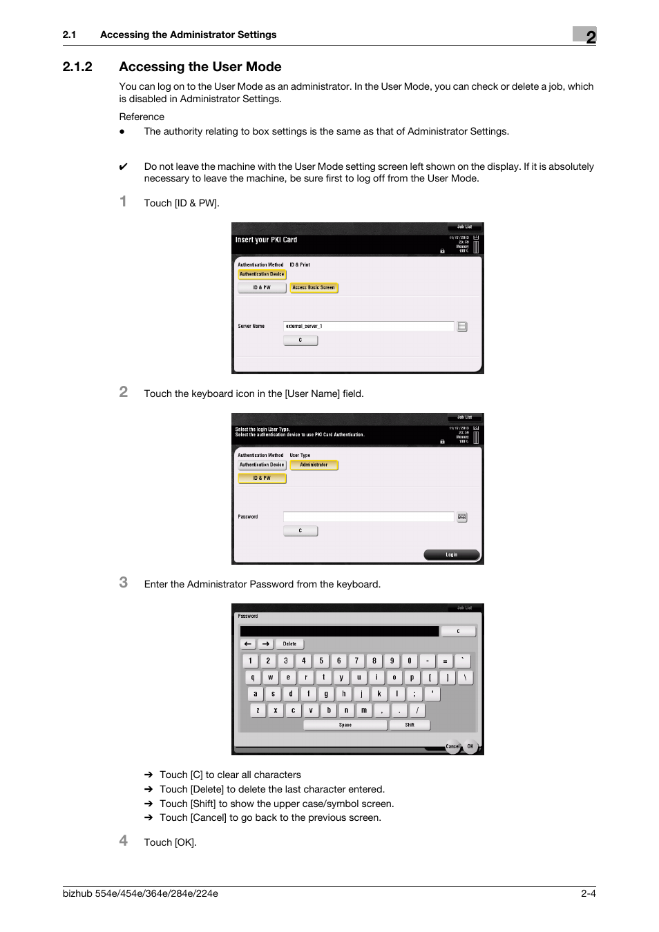 2 accessing the user mode, Accessing the user mode -4 | Konica Minolta bizhub 364e User Manual | Page 17 / 58