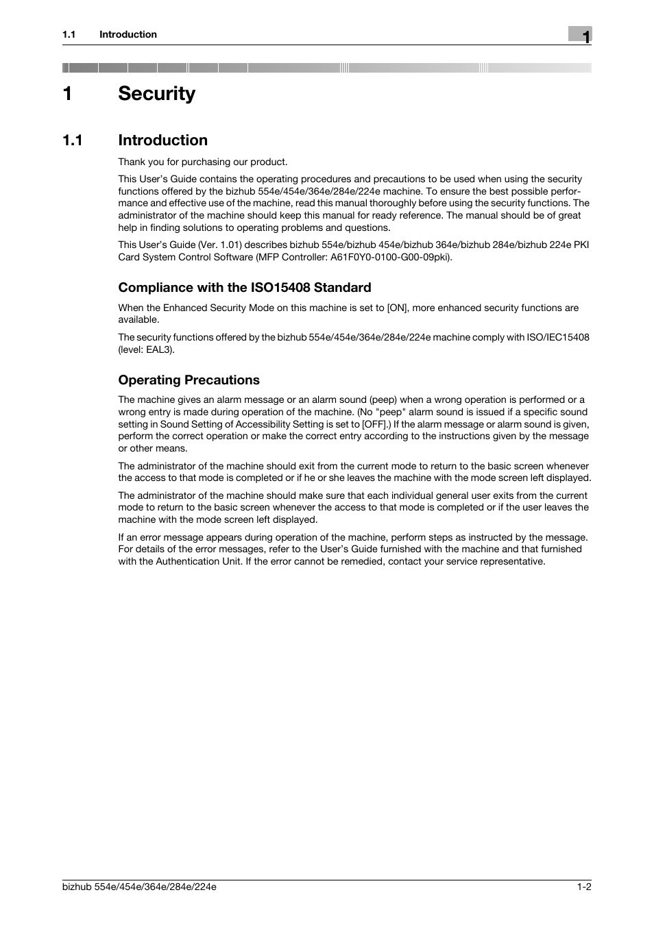 1 security, 1 introduction, Compliance with the iso15408 standard | Operating precautions, Security, 1security | Konica Minolta bizhub 364e User Manual | Page 5 / 58