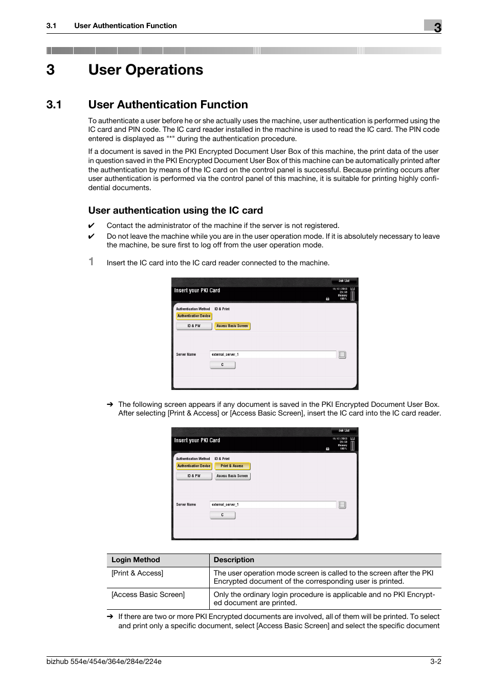 3 user operations, 1 user authentication function, User authentication using the ic card | User operations, 3user operations | Konica Minolta bizhub 364e User Manual | Page 53 / 58