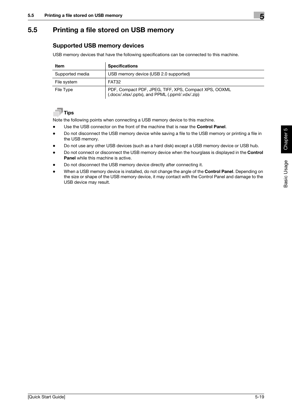 5 printing a file stored on usb memory, Supported usb memory devices | Konica Minolta bizhub 4750 User Manual | Page 54 / 62