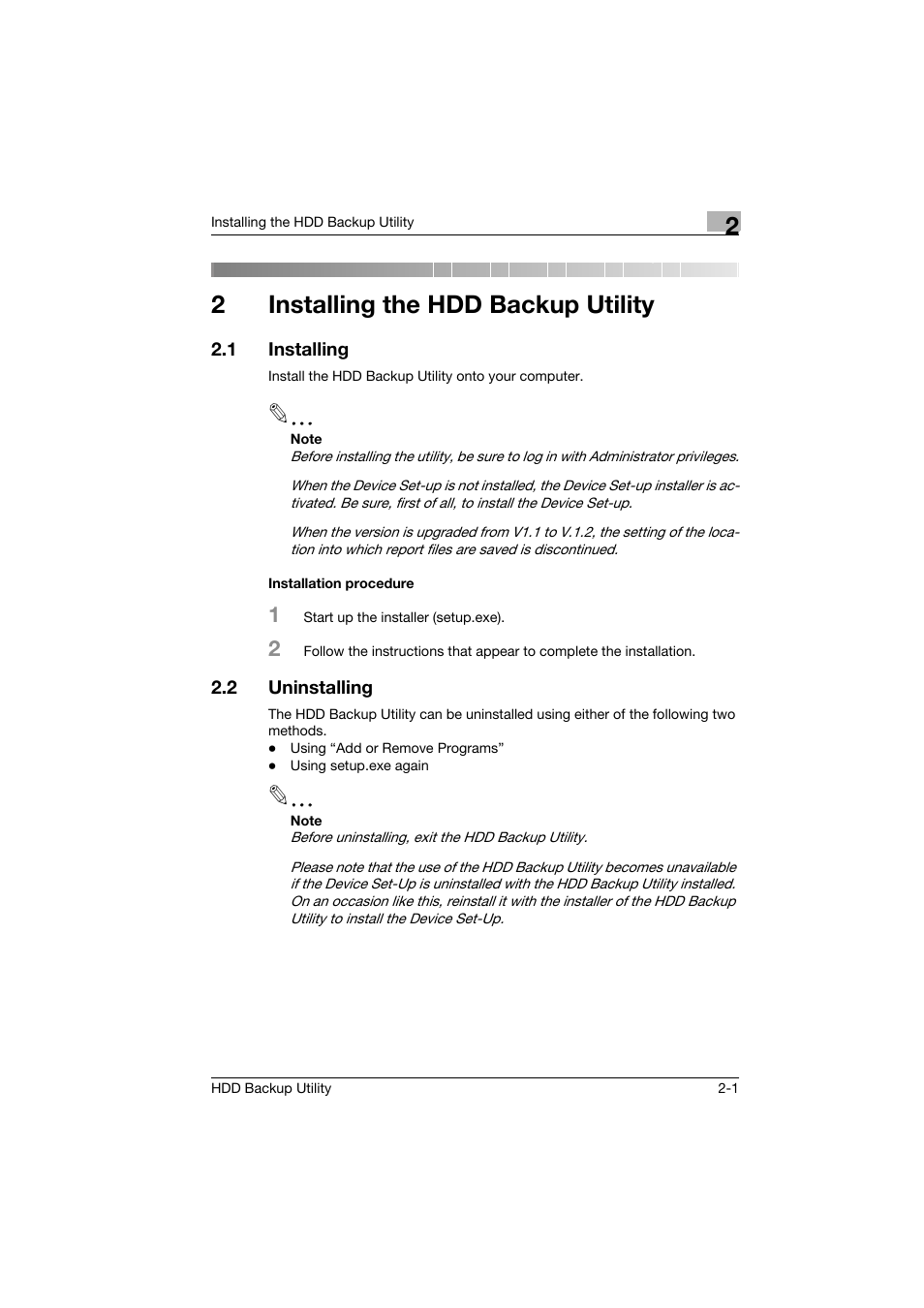 2 installing the hdd backup utility, 1 installing, Installation procedure | 2 uninstalling, Installing the hdd backup utility, Installing -1, Installation procedure -1, Uninstalling -1, 2installing the hdd backup utility | Konica Minolta HDD Backup Utility User Manual | Page 10 / 30