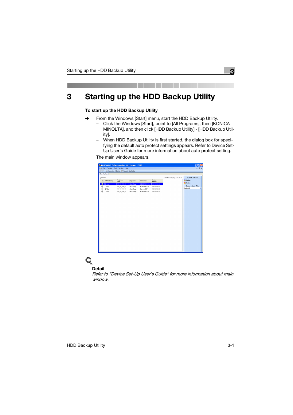 3 starting up the hdd backup utility, To start up the hdd backup utility, Starting up the hdd backup utility | To start up the hdd backup utility -1, 3starting up the hdd backup utility | Konica Minolta HDD Backup Utility User Manual | Page 11 / 30