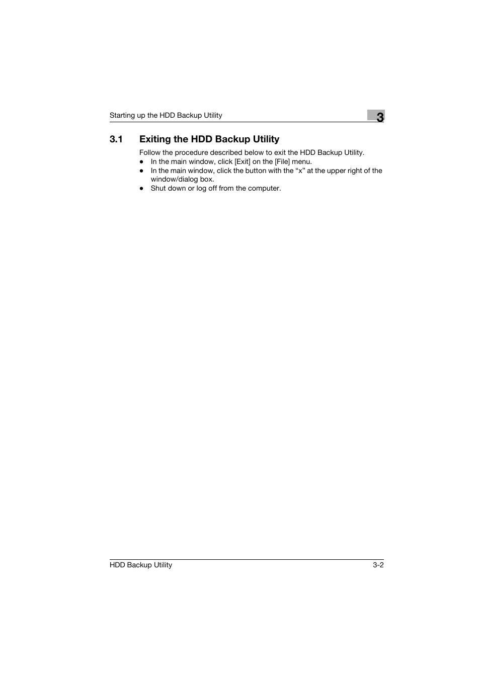 1 exiting the hdd backup utility, Exiting the hdd backup utility -2 | Konica Minolta HDD Backup Utility User Manual | Page 12 / 30