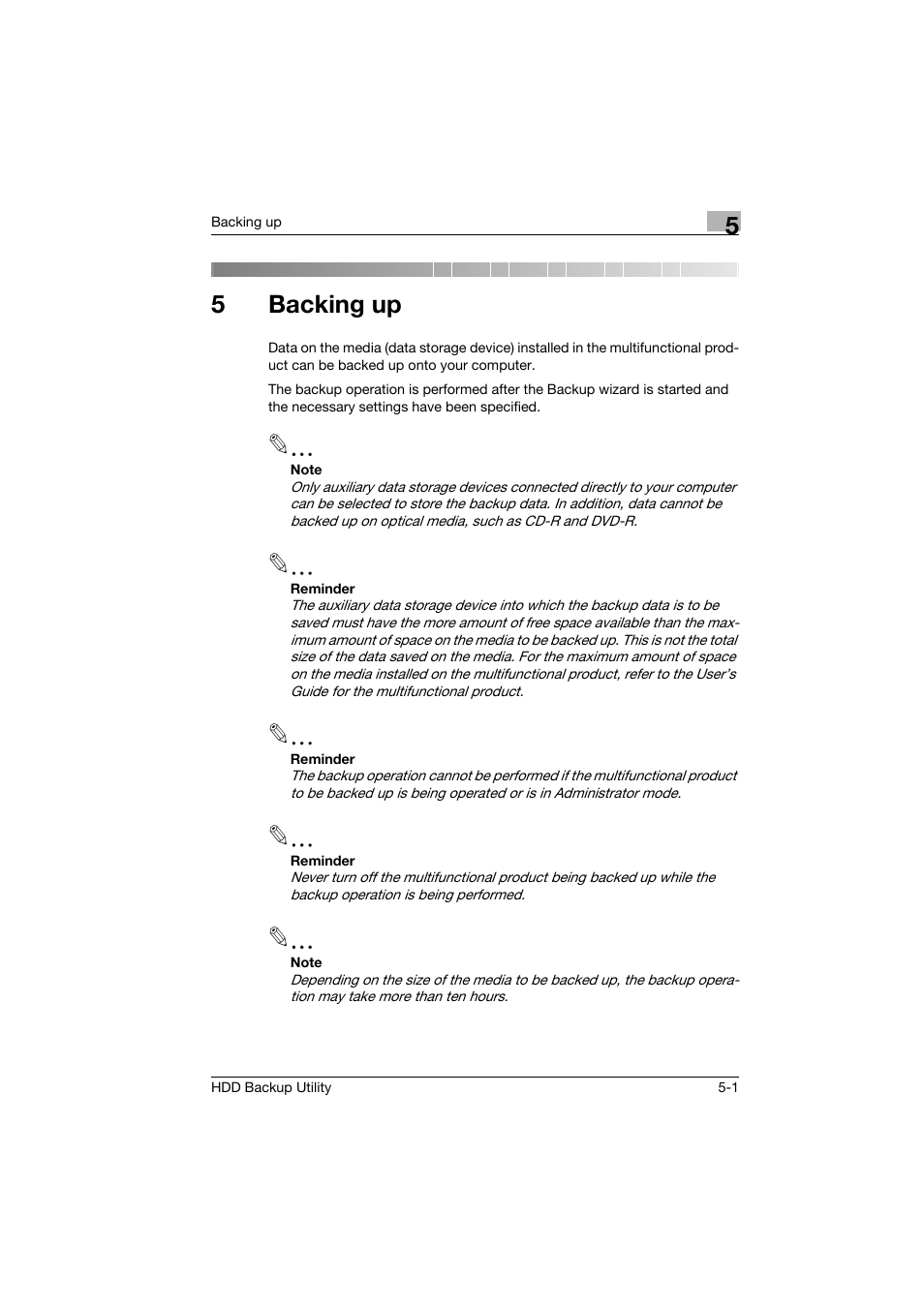 5 backing up, Backing up, 5backing up | Konica Minolta HDD Backup Utility User Manual | Page 14 / 30