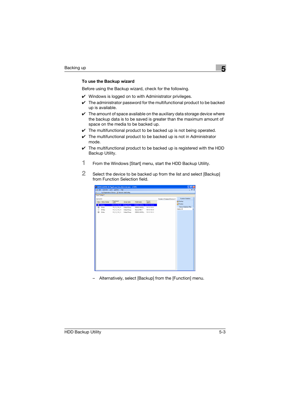 To use the backup wizard, To use the backup wizard -3 | Konica Minolta HDD Backup Utility User Manual | Page 16 / 30