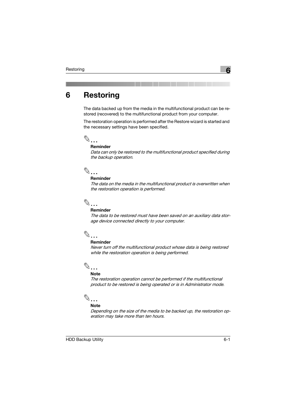 6 restoring, Restoring, 6restoring | Konica Minolta HDD Backup Utility User Manual | Page 21 / 30