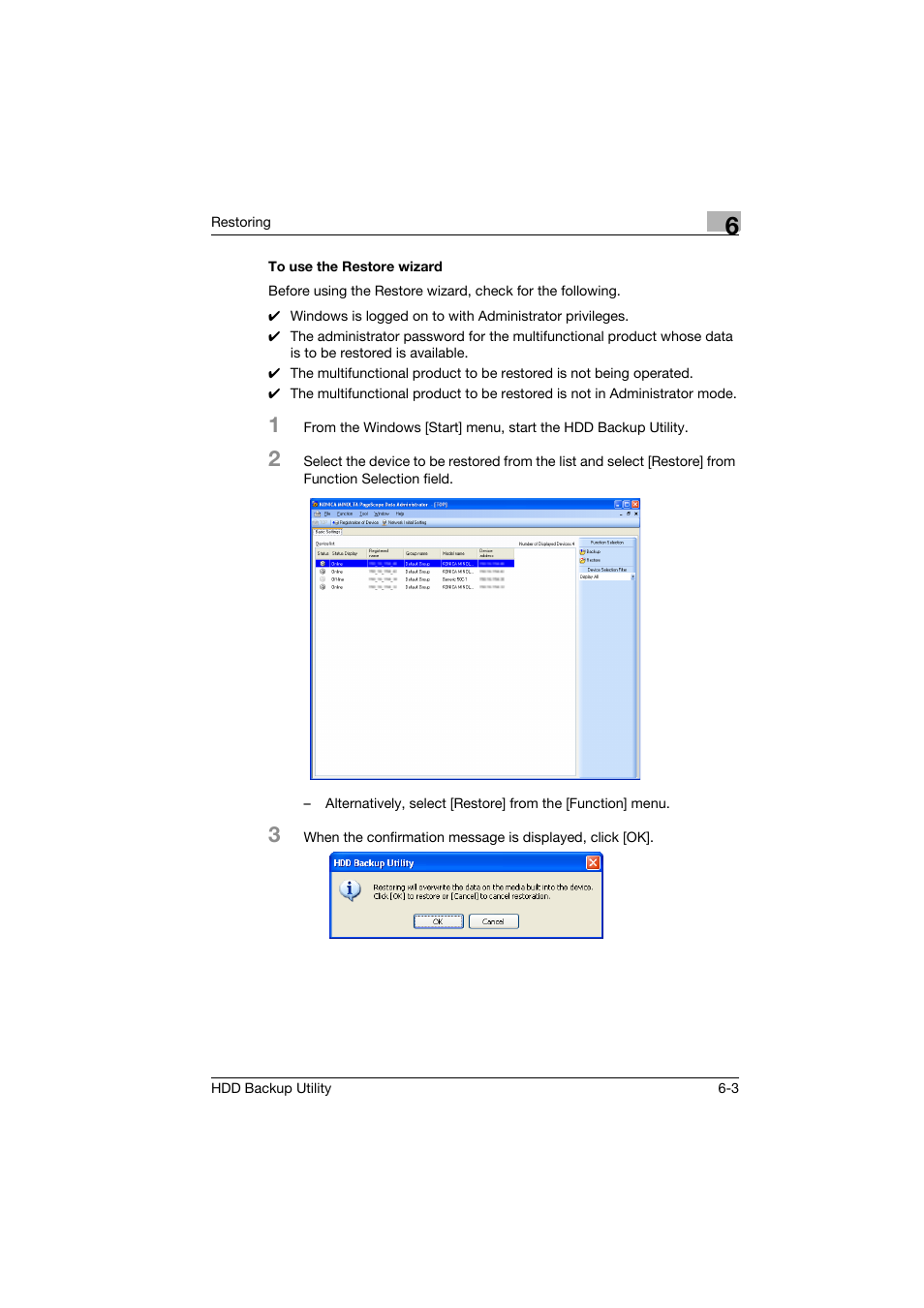 To use the restore wizard, To use the restore wizard -3 | Konica Minolta HDD Backup Utility User Manual | Page 23 / 30