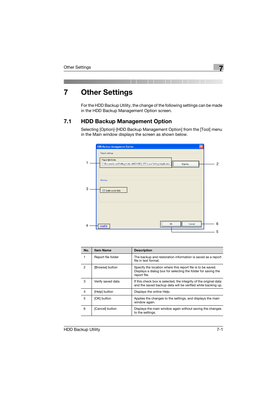 7 other settings, 1 hdd backup management option, Other settings | Hdd backup management option -1, 7other settings | Konica Minolta HDD Backup Utility User Manual | Page 27 / 30