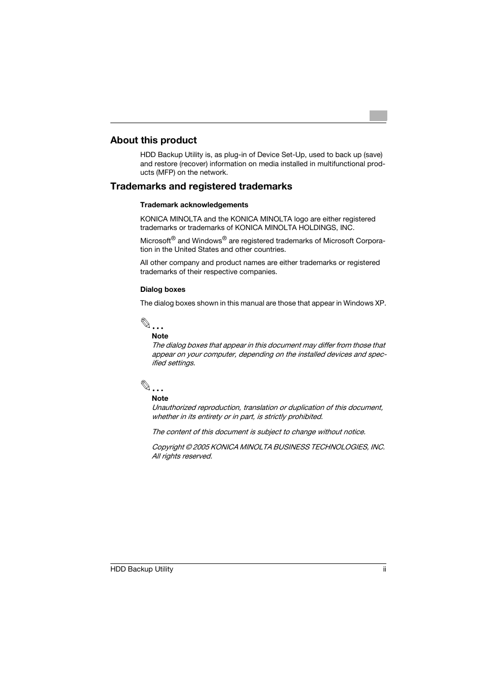 About this product, Trademarks and registered trademarks, Trademark acknowledgements | Dialog boxes | Konica Minolta HDD Backup Utility User Manual | Page 3 / 30