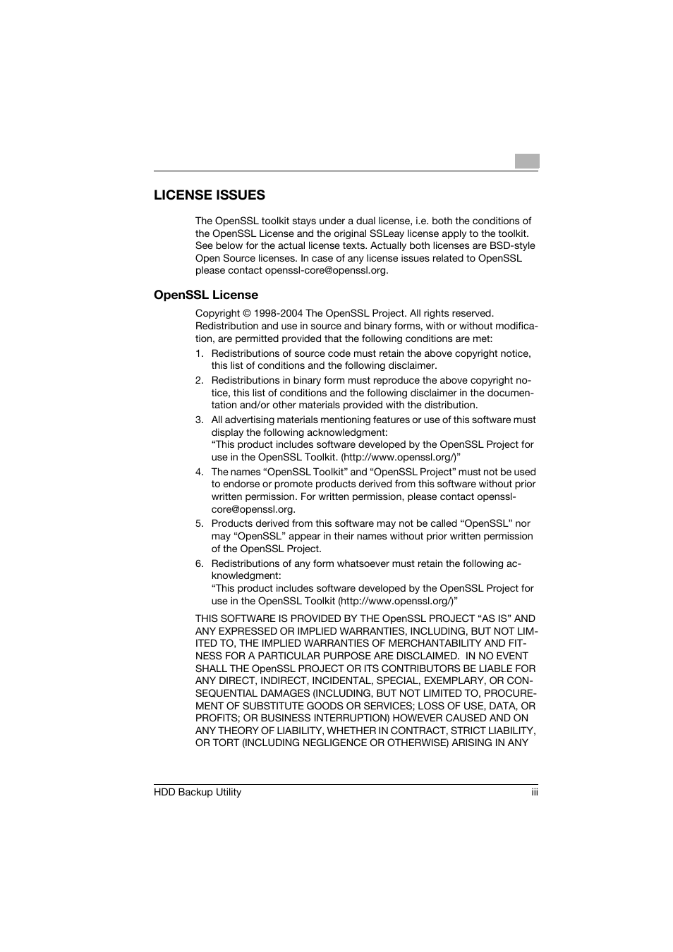 License issues | Konica Minolta HDD Backup Utility User Manual | Page 4 / 30