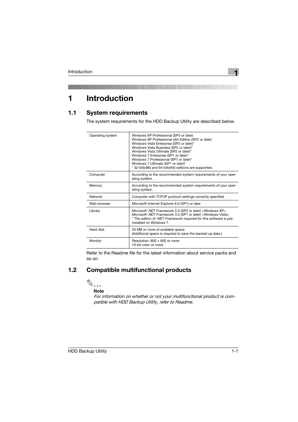 1 introduction, 1 system requirements, 2 compatible multifunctional products | Introduction, System requirements -1, Compatible multifunctional products -1, 1introduction | Konica Minolta HDD Backup Utility User Manual | Page 7 / 30