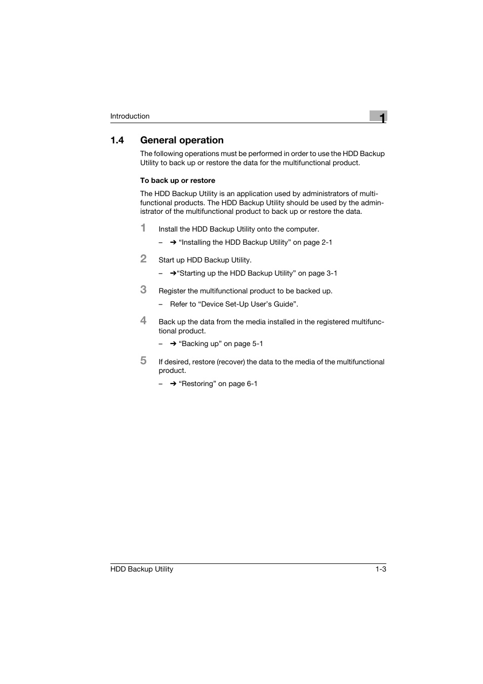 4 general operation, To back up or restore, General operation -3 | To back up or restore -3 | Konica Minolta HDD Backup Utility User Manual | Page 9 / 30