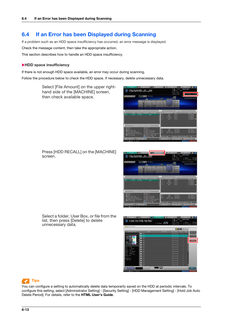 4 if an error has been displayed during scanning, Hdd space insufficiency, If an error has been displayed during scanning -13 | Hdd space insufficiency -13 | Konica Minolta bizhub PRO C1060L User Manual | Page 100 / 143