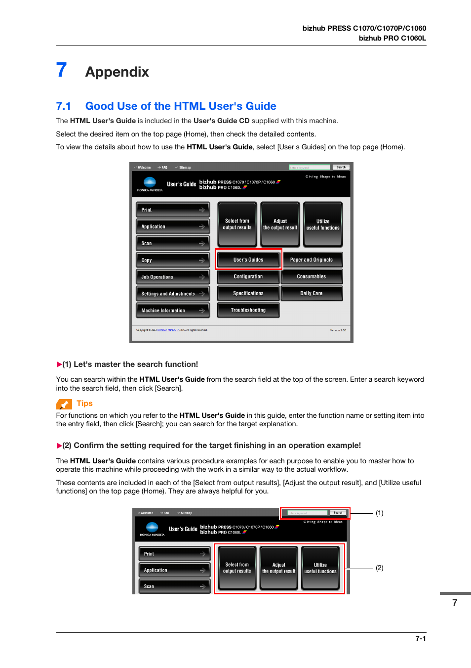 7 appendix, 1 good use of the html user's guide, 1) let's master the search function | Appendix, Good use of the html user's guide -1 | Konica Minolta bizhub PRO C1060L User Manual | Page 103 / 143