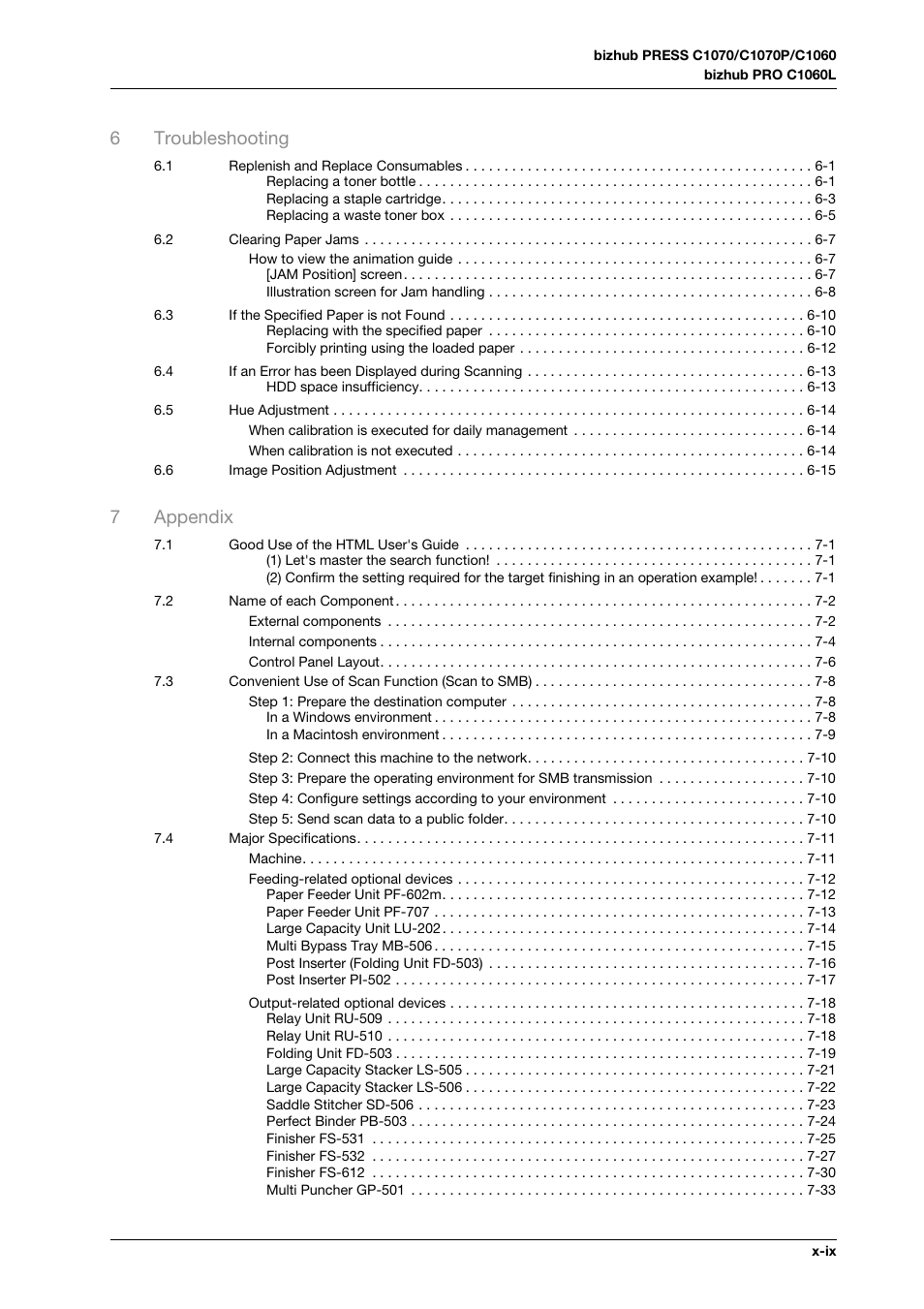 6troubleshooting, 7appendix | Konica Minolta bizhub PRO C1060L User Manual | Page 11 / 143