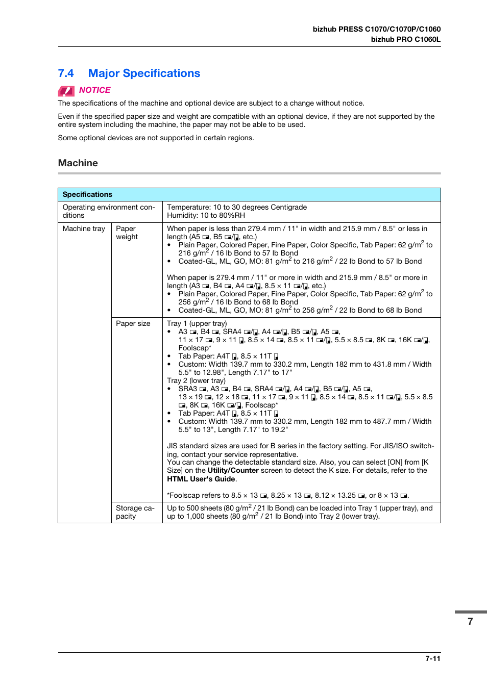 4 major specifications, Machine, Major specifications -11 | Machine -11 | Konica Minolta bizhub PRO C1060L User Manual | Page 113 / 143