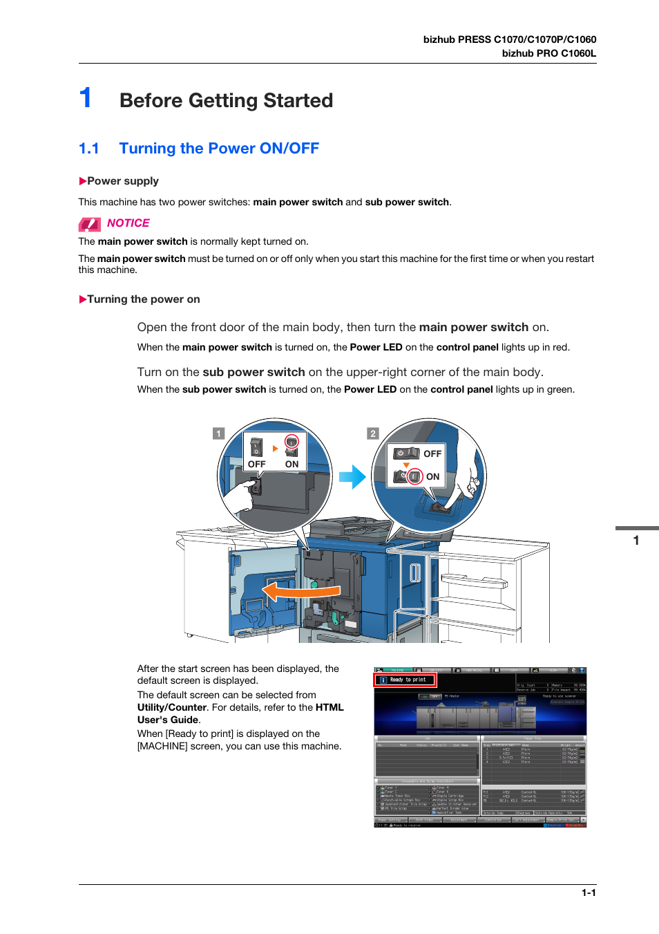 1 before getting started, 1 turning the power on/off, Power supply | Turning the power on, Before getting started, Turning the power on/off -1, Power supply -1 turning the power on -1 | Konica Minolta bizhub PRO C1060L User Manual | Page 13 / 143