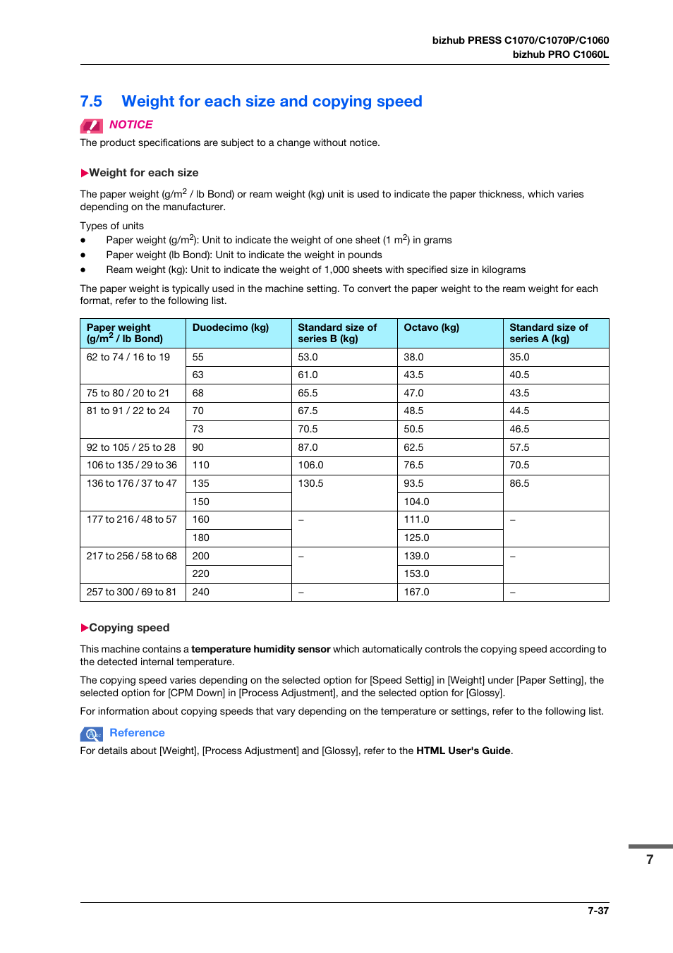 5 weight for each size and copying speed, Weight for each size, Copying speed | Weight for each size and copying speed -37, Weight for each size -37 copying speed -37 | Konica Minolta bizhub PRO C1060L User Manual | Page 139 / 143